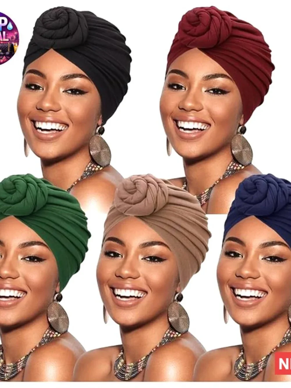5 Pack Knotted Headwraps Pre-Knotted Beanie Hair Covers Cotton